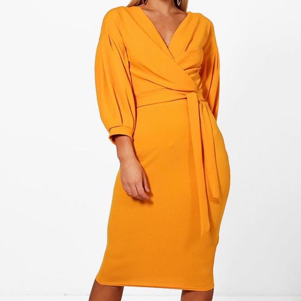 Off the shoulder wrap midi bodycon dress